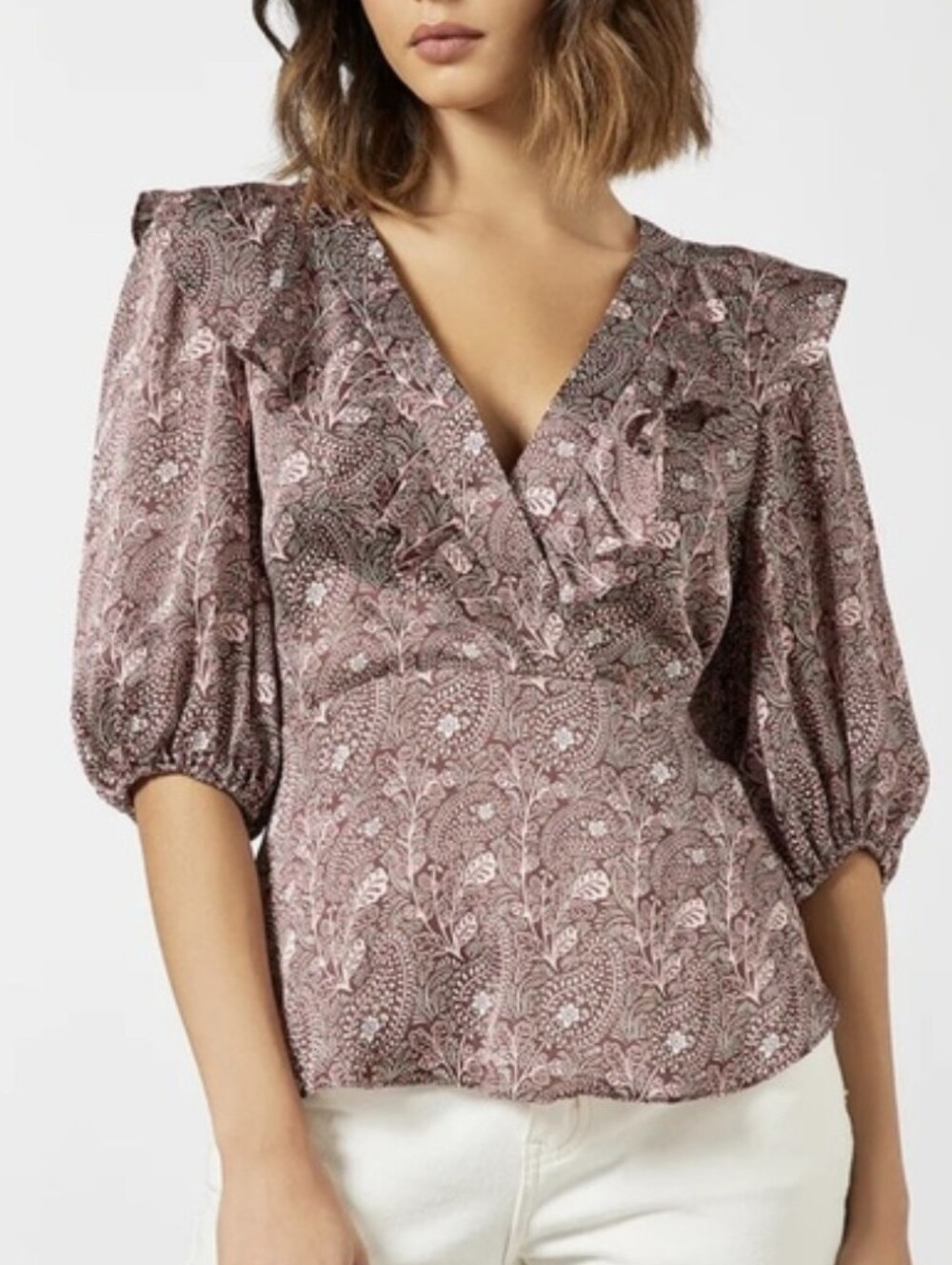Ted Baker London Paisley Ruffle V-Neck Puff Sleeve Wrap Blouse Size 3
